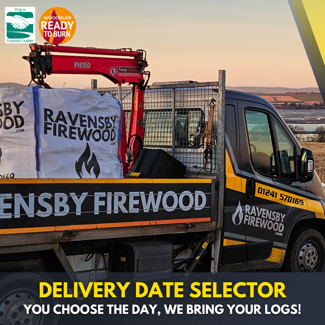 XL Firewood Bulk-Bag on delivery truck with Ravensby Firewood branding, showcasing delivery date selection option.