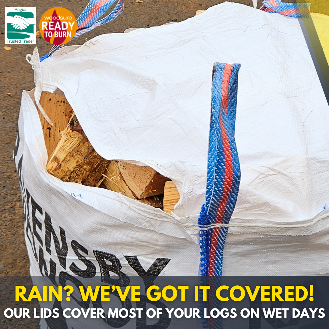 XL Firewood Bulk-Bag with rain protection cover, filled with kiln-dried logs, ready for delivery in Dundee and surrounding areas.