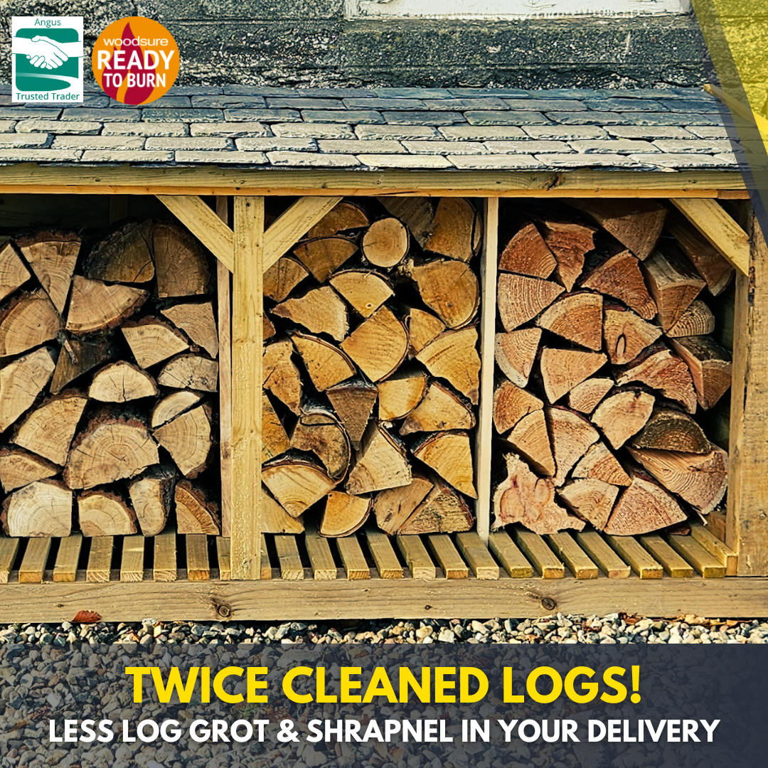 Loose tipped firewood stacked, showcasing twice-cleaned logs for delivery.