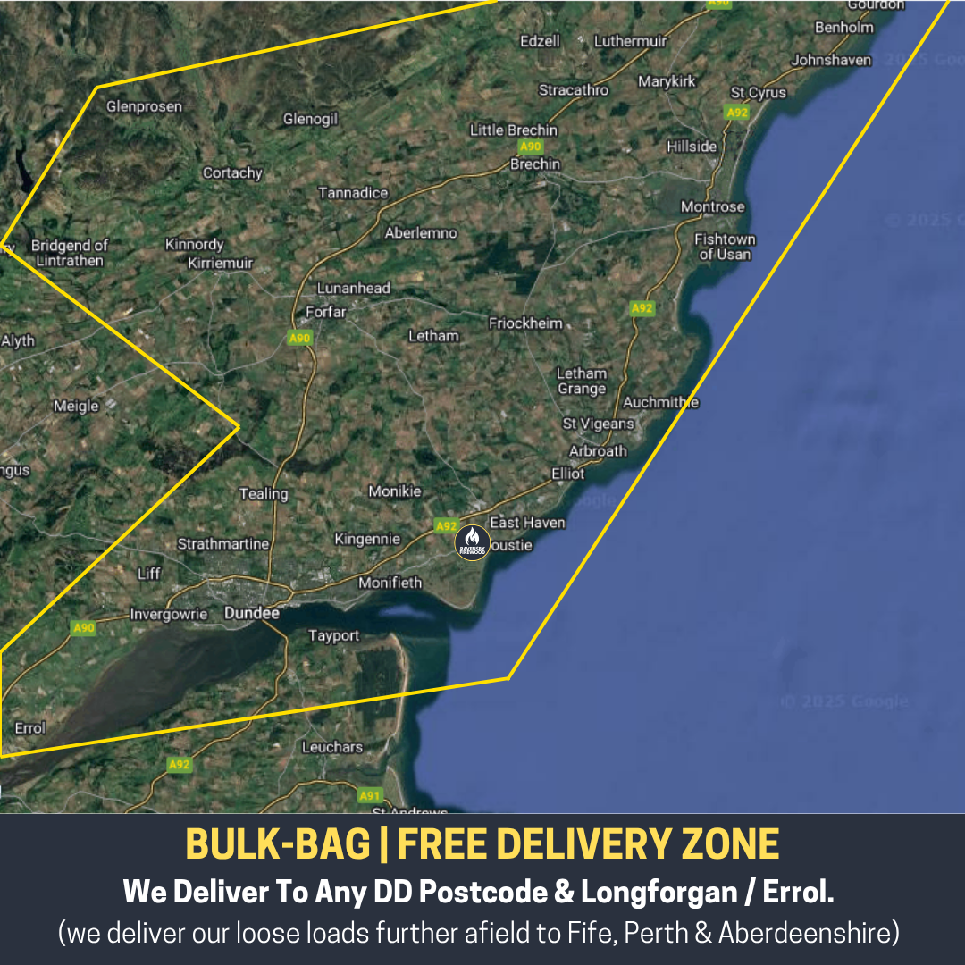 XL Firewood Bulk-Bag delivery map for Dundee, Angus, North Fife, and Errol.