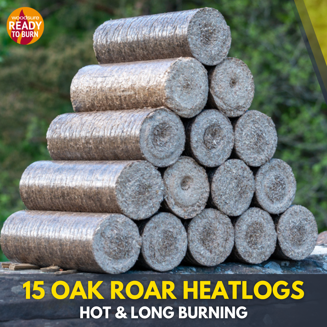 Stack of 15 compressed oak heat logs for long burning and high heat output, ready to burn.