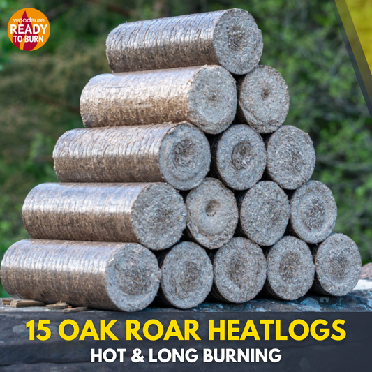 Stack of 15 compressed oak heat logs for long burning and high heat output, ready to burn.