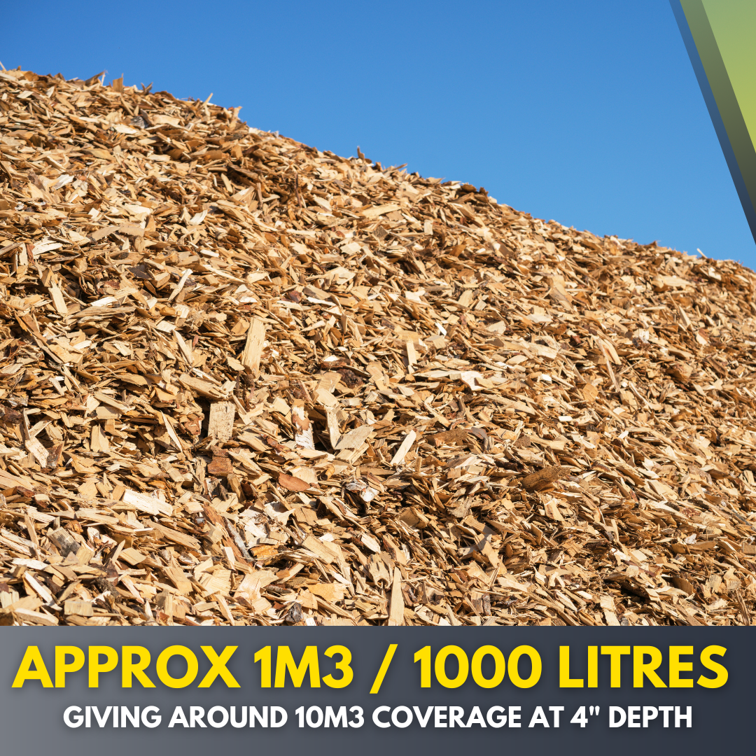 XL BulkBags of wood-chip, weed suppressant, play-grade, 1m3 capacity, garden pathways.