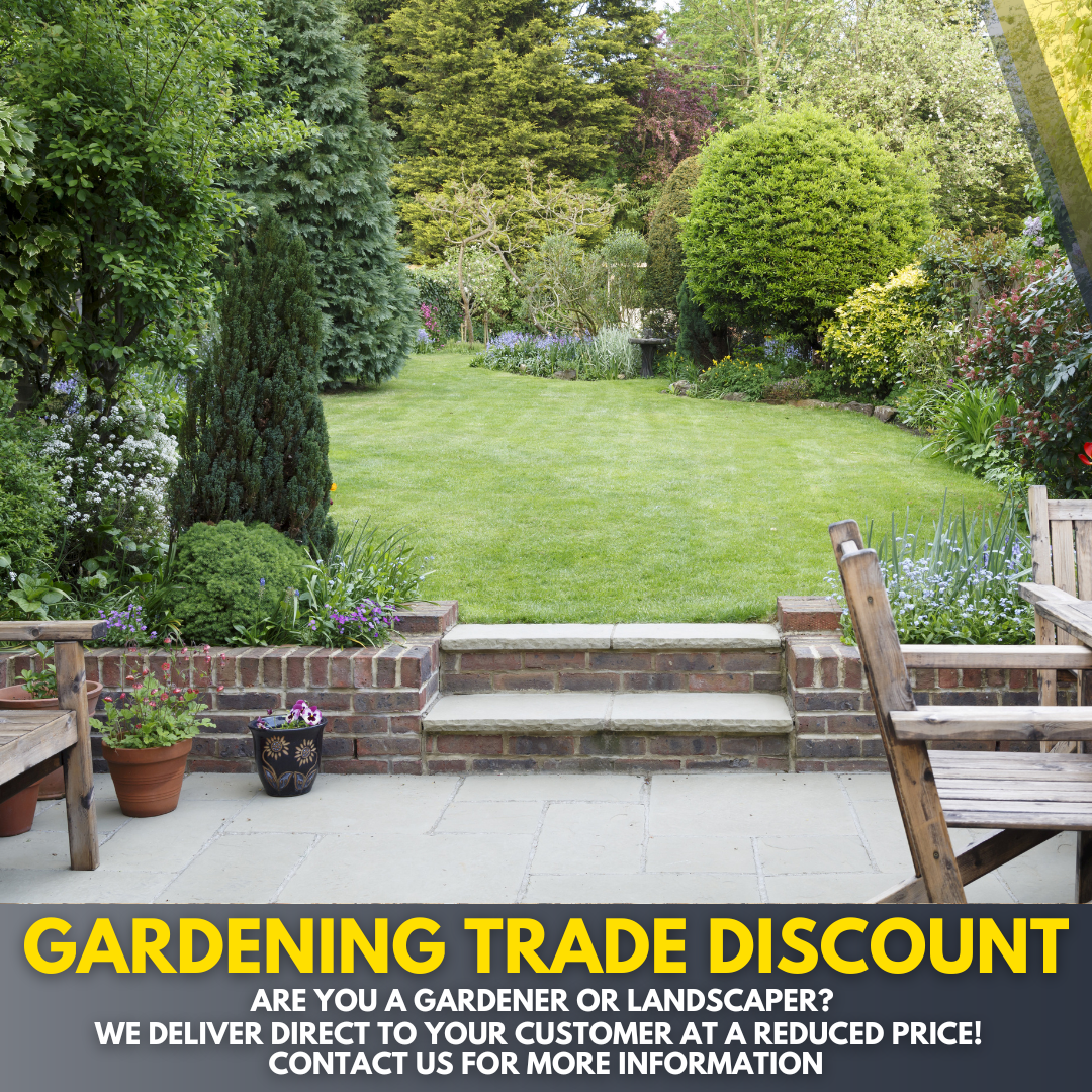 Gardening trade discount promotion for woodchip and weed suppressant with lush garden background.