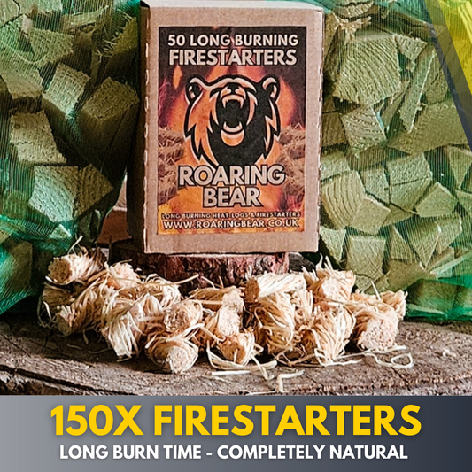 50x Roaring Bear Firestarters, natural wood shavings, easy to ignite indoor or outdoor use.