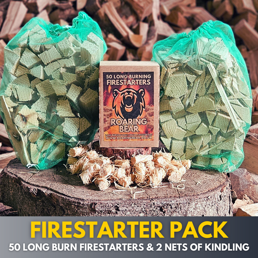 Firestarter Pack with 2 kindling nets and 50 natural waxlings on stacked logs.
