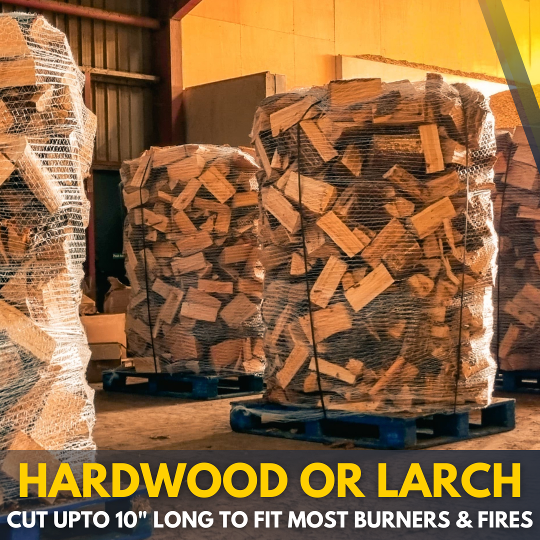 Kiln-dried firewood stacks wrapped for delivery, suitable for Scottish islands, including hardwood or larch cut up to 10" long.
