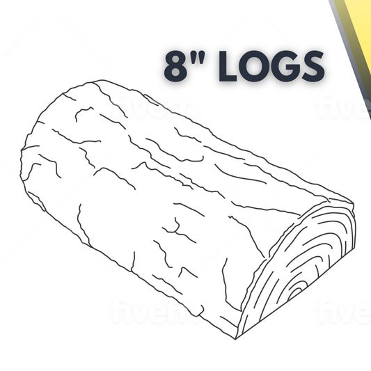 8" logs illustration for wood burning stove use.