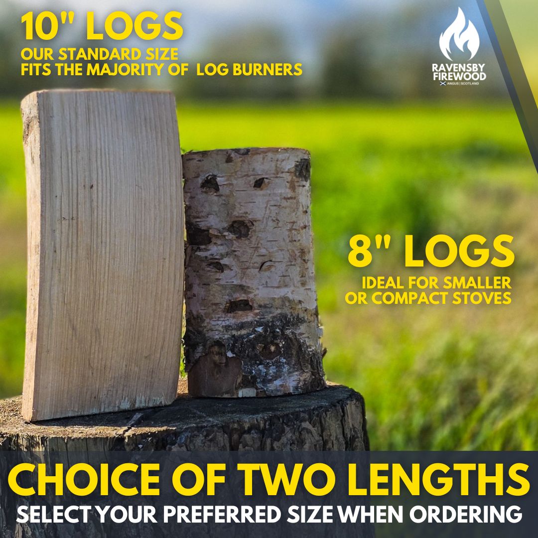 8 inch and 10 inch kiln dried firewood logs stacked on a tree stump, showing size comparison. Ravensby Firewood offers a choice of two log lengths for wood burners in Tayside, Fife and Dundee.