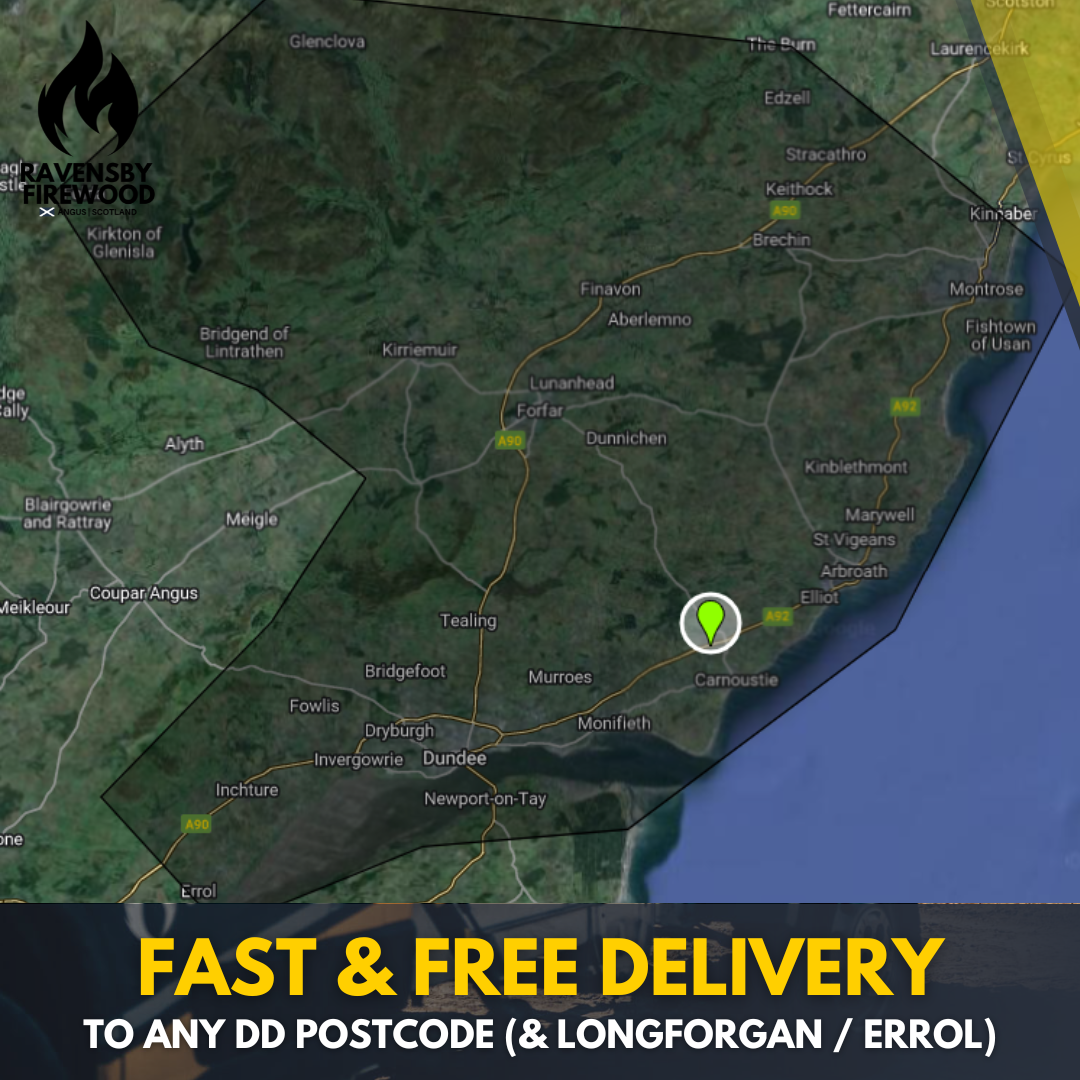 Map showing Ravensby Firewood Loose Tipped Firewood Delivery zone including Dundee, Perth, Angus, Cupar, St Andrews & Blairgowrie