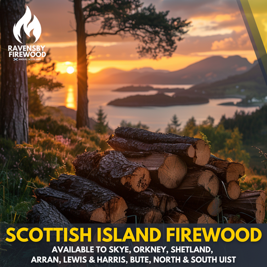 Kiln-dried logs for Scottish Island Firewood Delivery against scenic landscape.