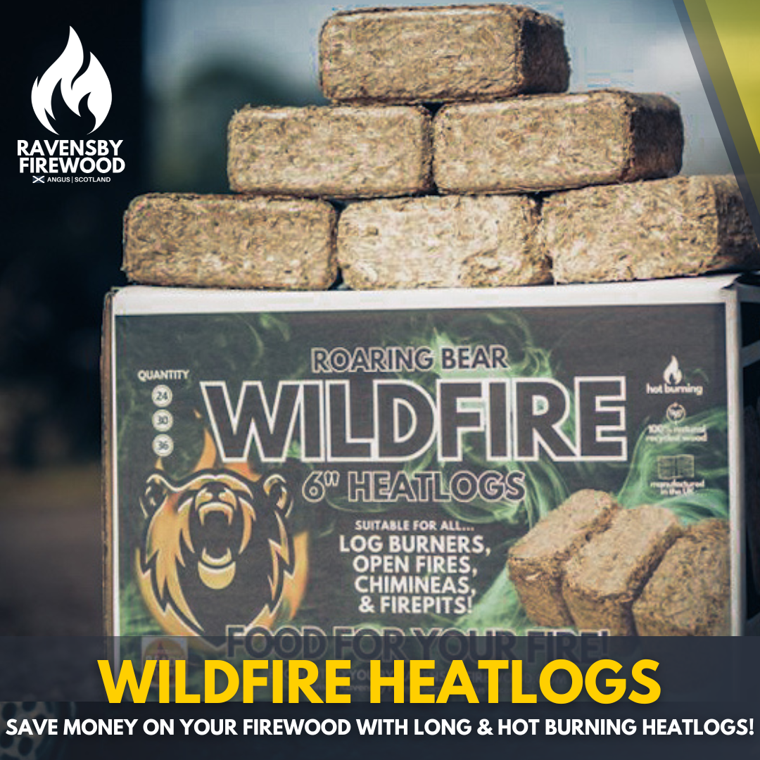 ROARING BEAR wildfire heatlogs stacked with packaging showing logo and product details.