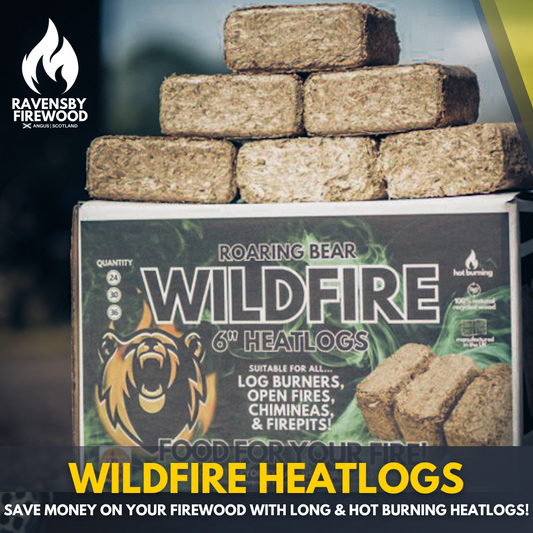 ROARING BEAR wildfire heatlogs stacked with packaging showing logo and product details.