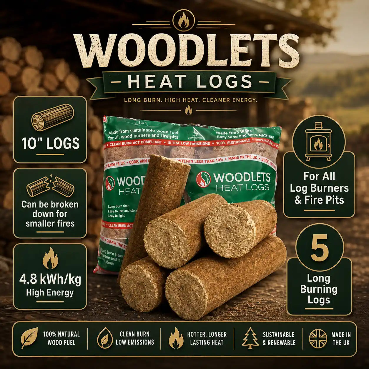 Woodlets Heat Logs product advertisement showing several brown cylindrical wood logs in front of a branded bag, with large text callouts about 10-inch logs for sale from the Dundee & Angus firewood shop.