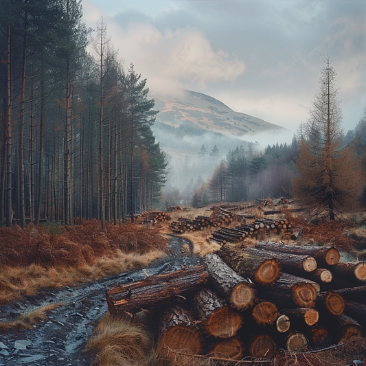 A painted image of the Scottish Forest & Lumberjacking With Stacked FIrewood