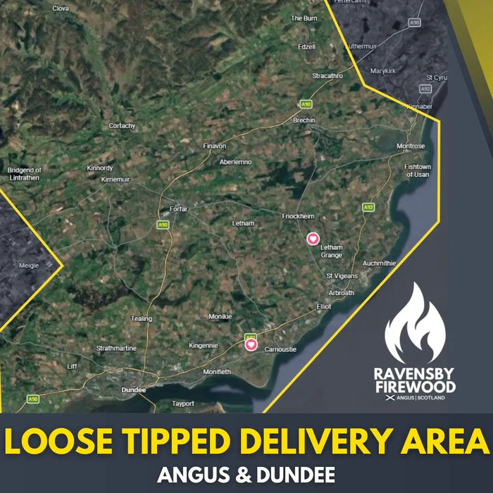 Ravensby Firewood Map detailing free delivery of loose tipped logs throughout Dundee, Arbroath, Forfar, Brechin and wider Angus