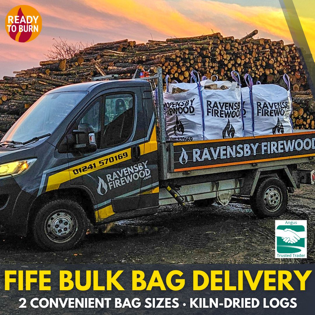 Ravensby Firewood delivery truck with bags of kiln-dried firewood in a field near Cupar, Fife