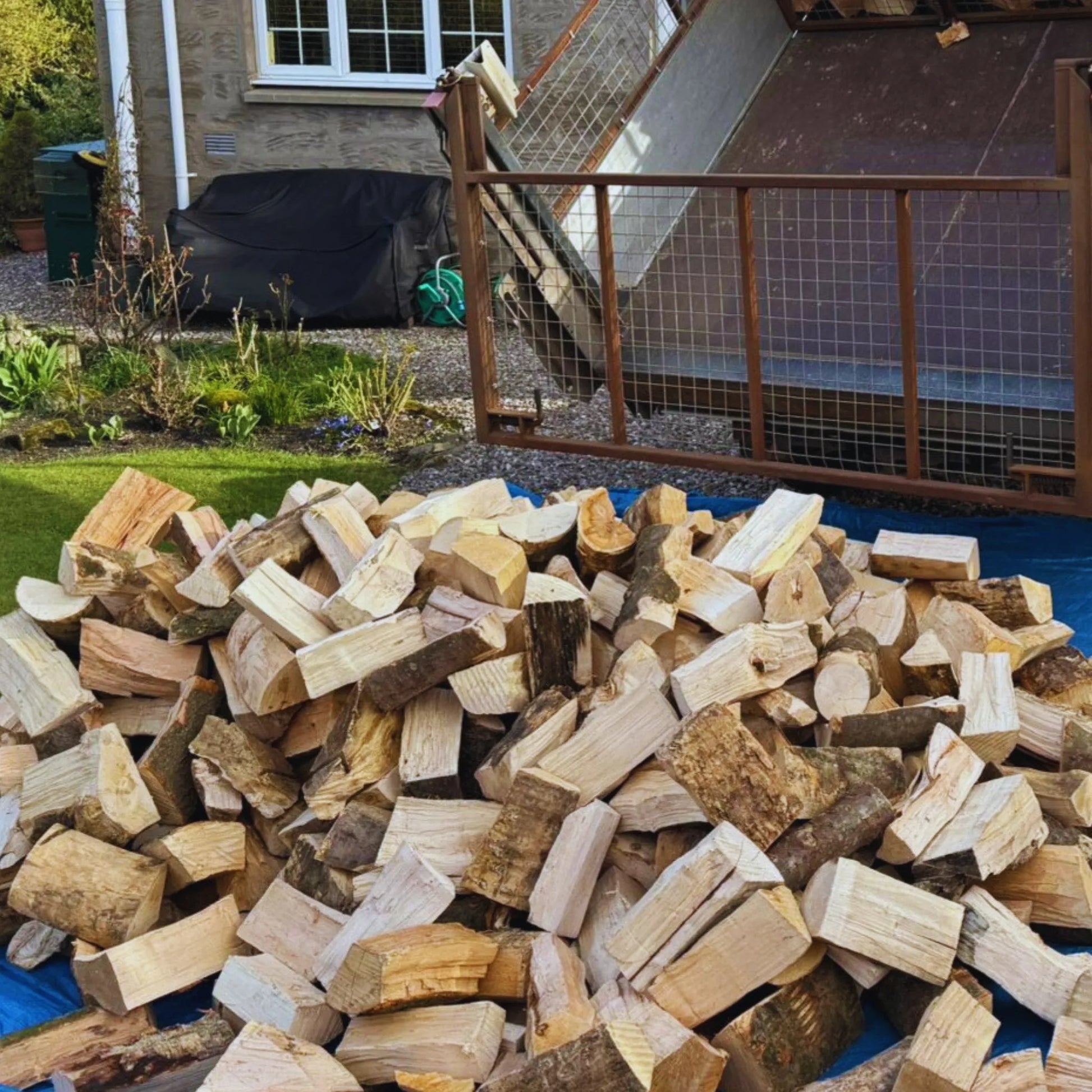 Pile of chopped dry firewood logs in a Cupar garden with a house in the background