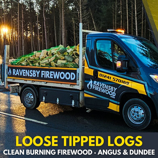 Kiln-Dried tipper van of loose logs on a delivery to Arbroath, Angus, branded with Ravensby Firewood logo and colours