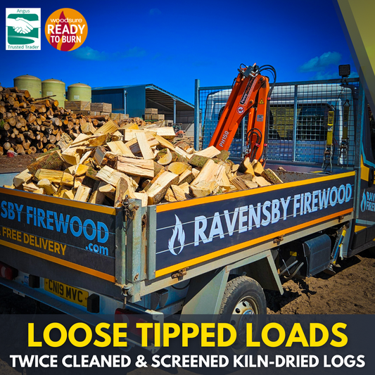 Kiln-dried loose tipped firewood in trailer for delivery in Angus, Dundee, Perth, Fife.