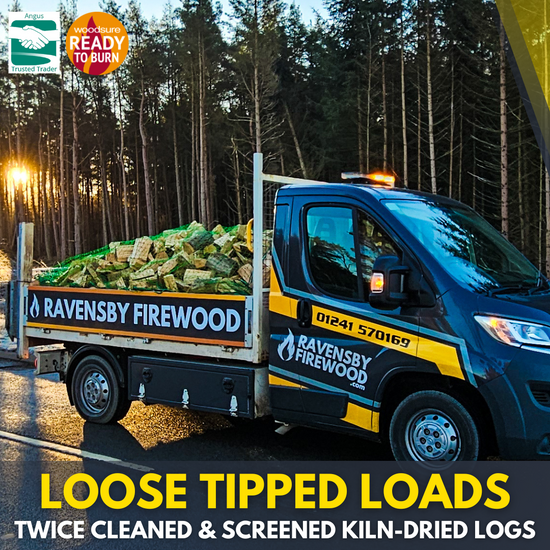 Ravensby Firewood delivery vehicle on way to delivery near Arbroath from its base in Carnoustie. Onboard is a bulk load of loose tipped hardwood logs

