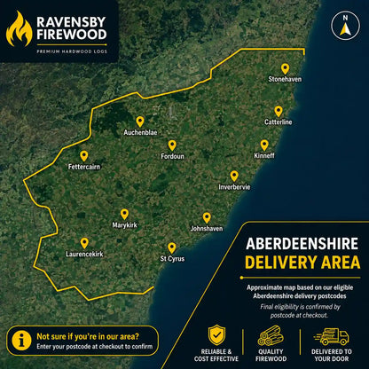 A firewood map showing delivery area for kiln-dried logs. Map includes Stonehaven, Laurencekirk, St Cyrus and more towns in the South Aberdeenshire area.
