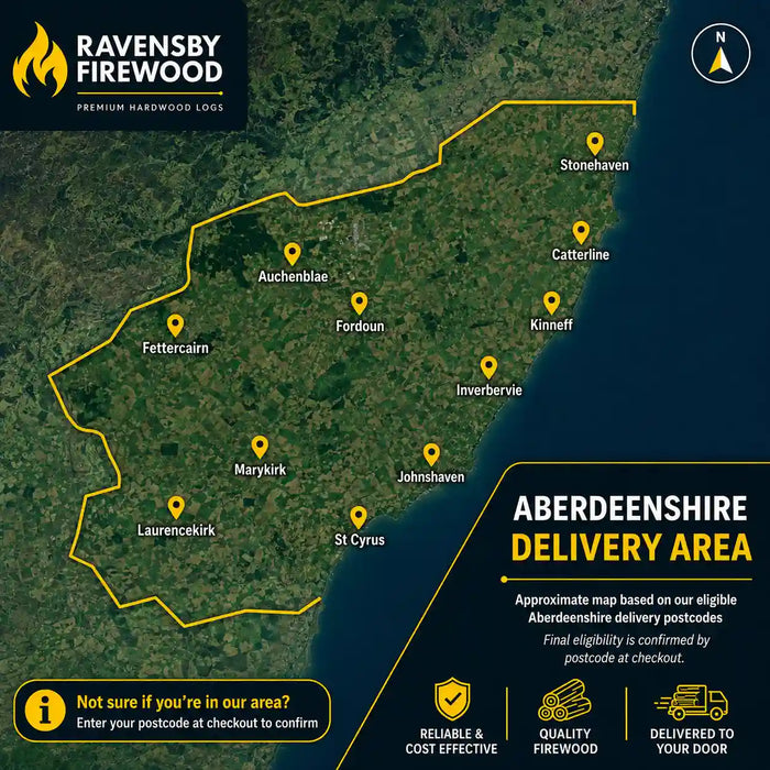 Ravensby Firewood Map detailing free delivery of loose tipped logs throughout Stonehaven, Laurencekirk, St Cyrus