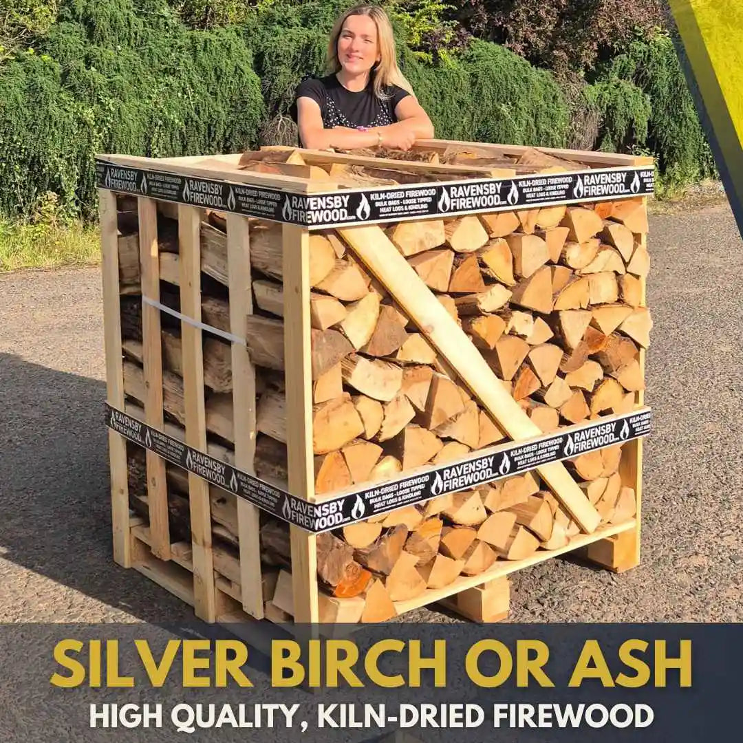 Woman standing behind a stack of ash firewood on a pallet with 'Ravensby Firewood' branding.