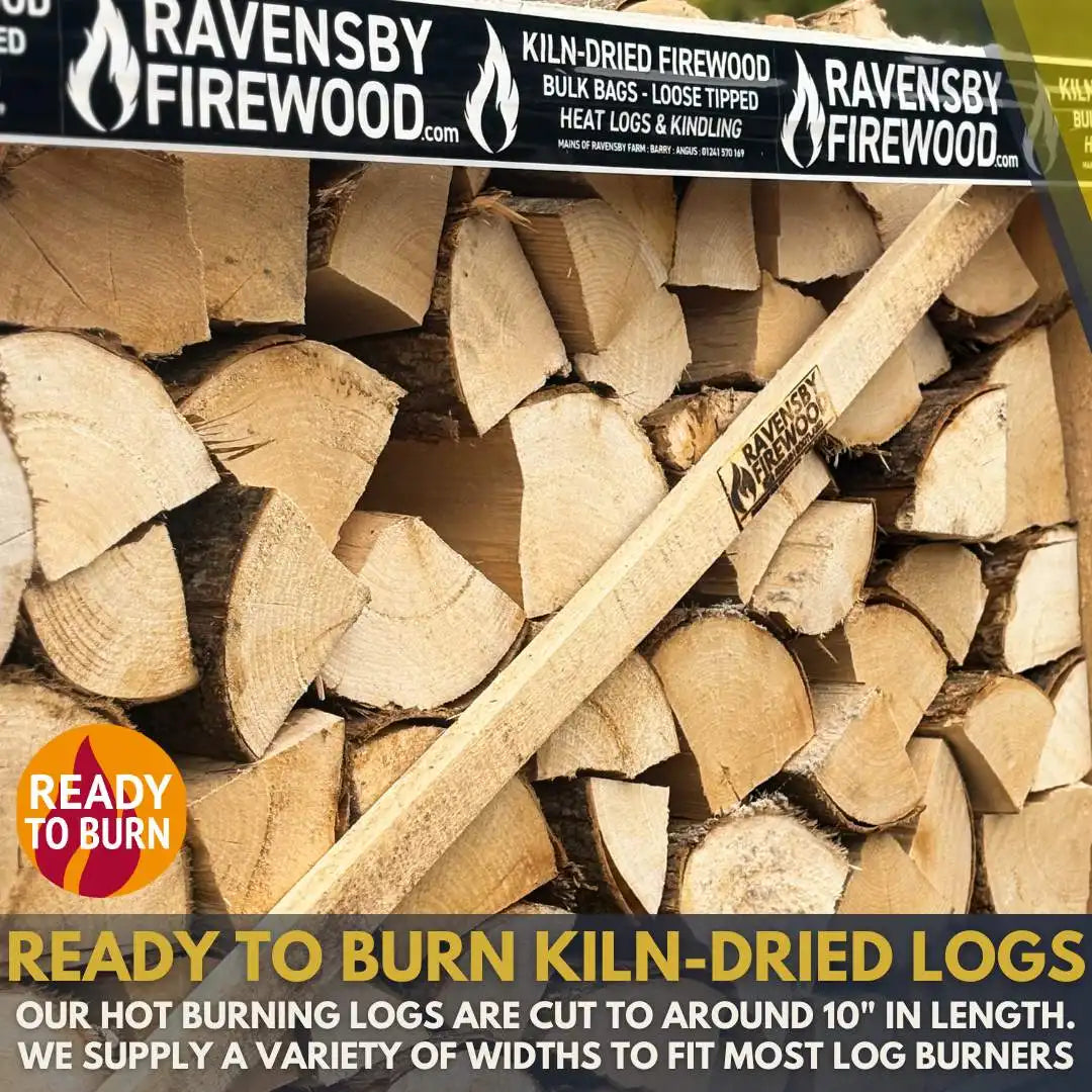 Stack of kiln-dried firewood logs with a branded Ravensby Firewood banner at the top.