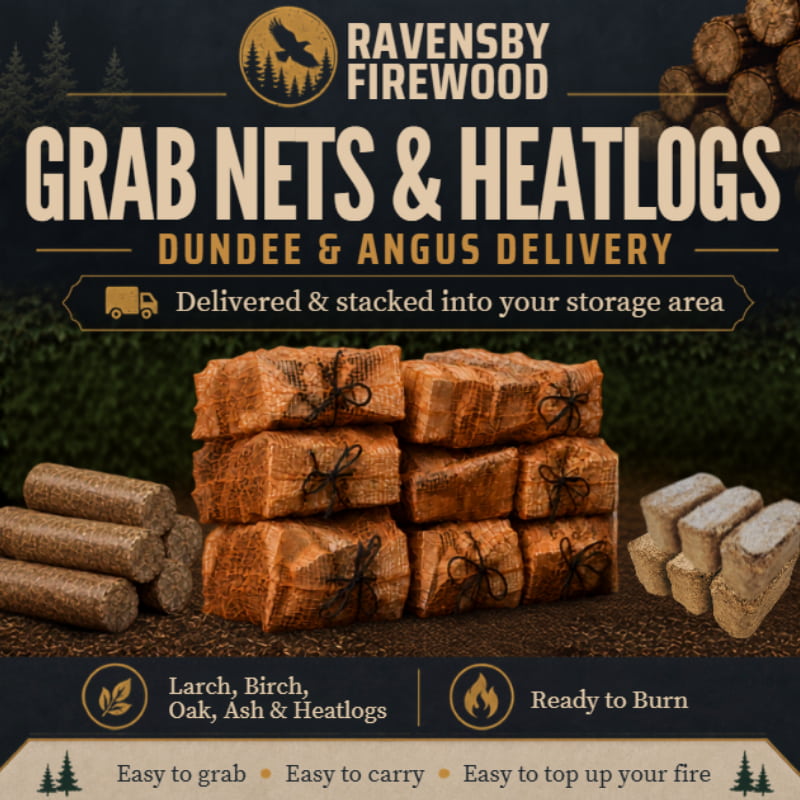 Firewood grab nets and heatlog briquettes for delivery to Dundee & Angus homes