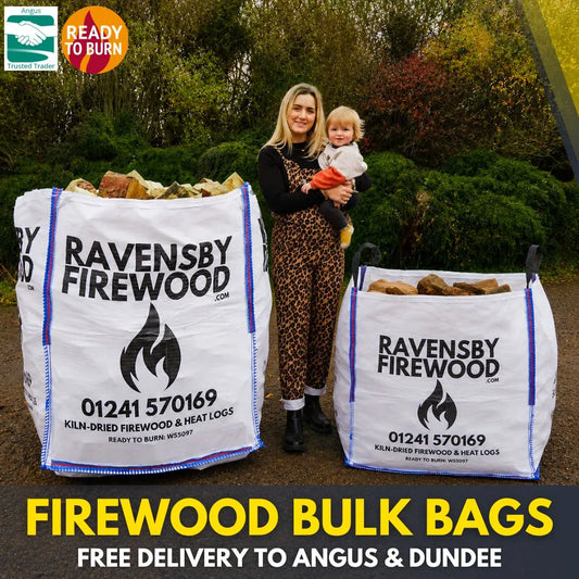 Woman holding a child next to Ravensby Firewood bulk bags showing the difference in size between XL log bulk bag and Builders bulk bag of logs with promotional text on the tonne bags