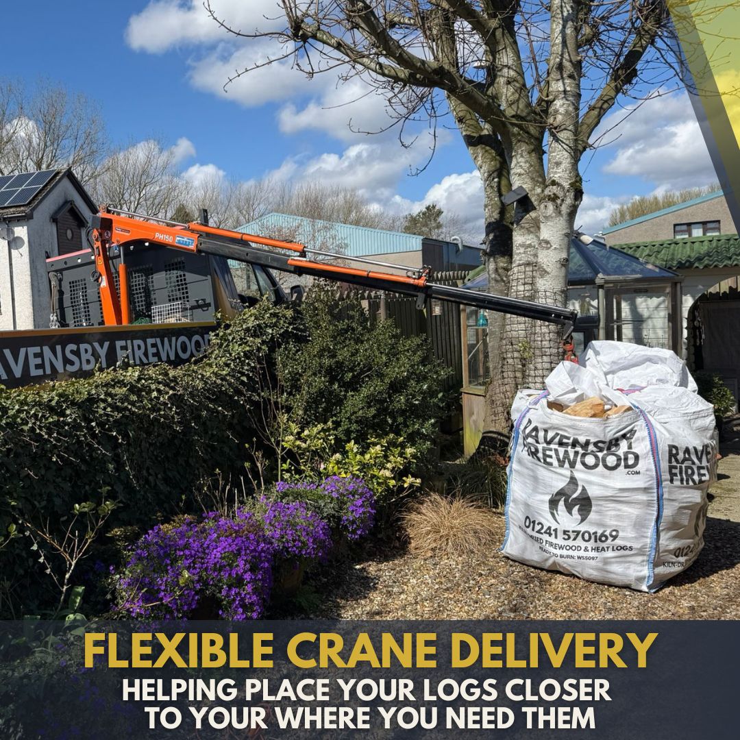 A Ravensby Firewood delivery vehicle placing a large bulk bag of logs into a garden in Dundee, Scotland