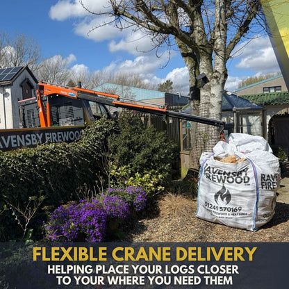 A Ravensby Firewood delivery vehicle placing a large bulk bag of logs into a garden in Dundee, Scotland