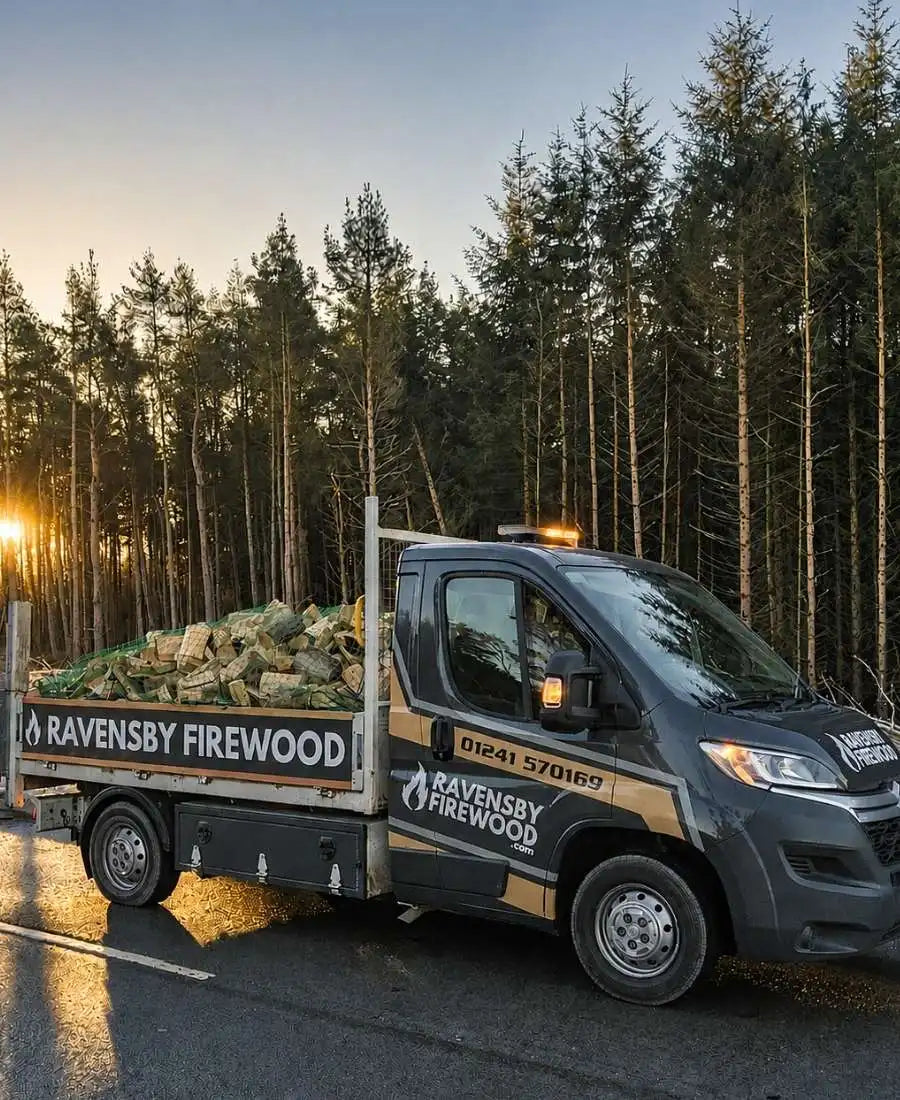 Ravensby Firewood log delivery vehicle conveying kiln-dried hardwood to a delivery in Forfar