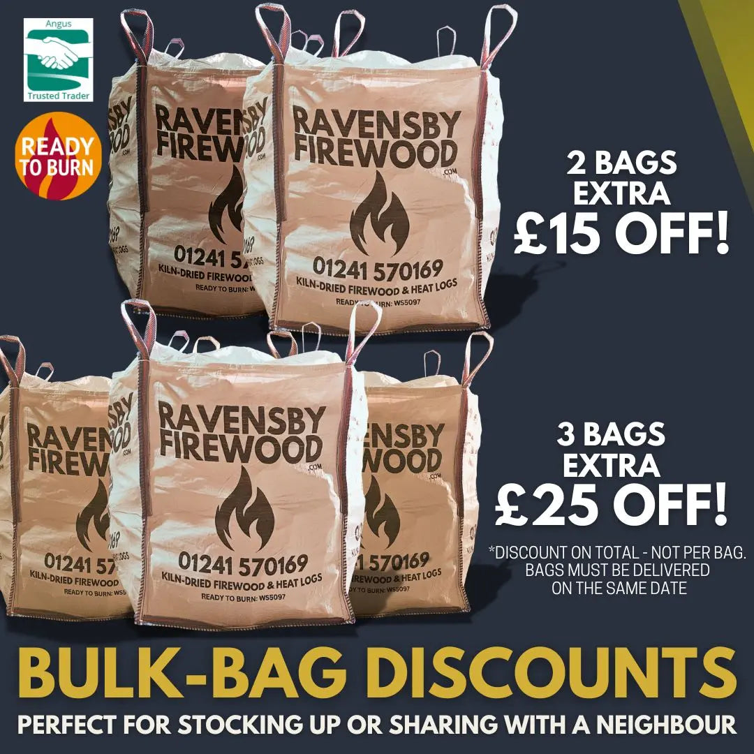 Promotional image of Ravensby Firewood bags with bulk-bag discount text for cheap firewood in Dundee and Angus on a dark background