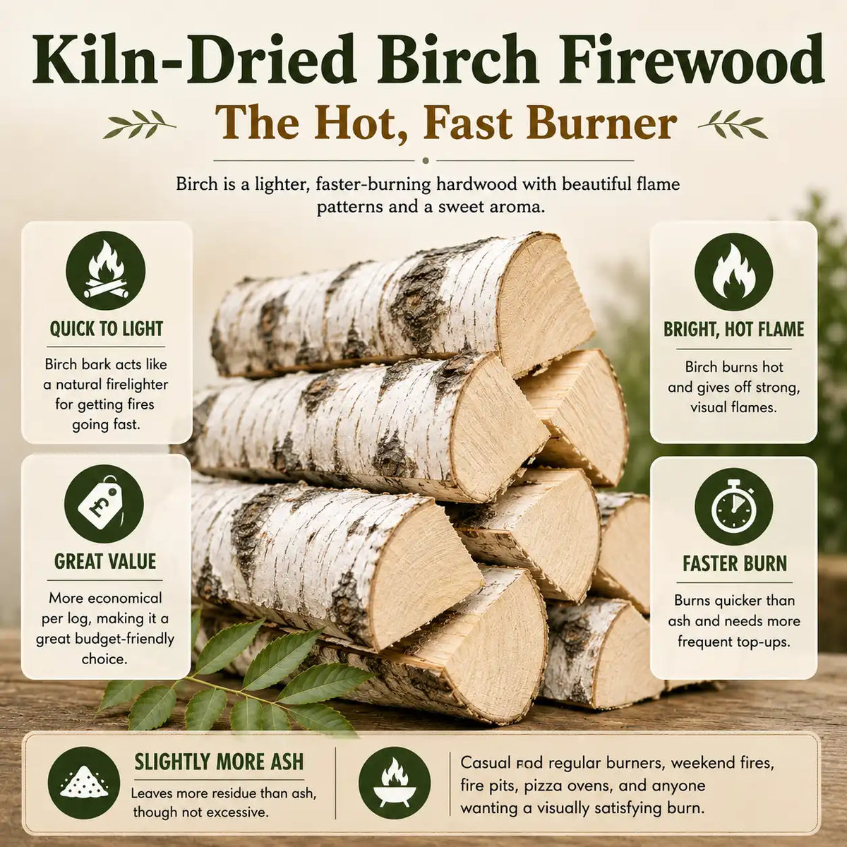 Infographic showing the benefits of burning kiln-dried birch hardwood in a log burner.