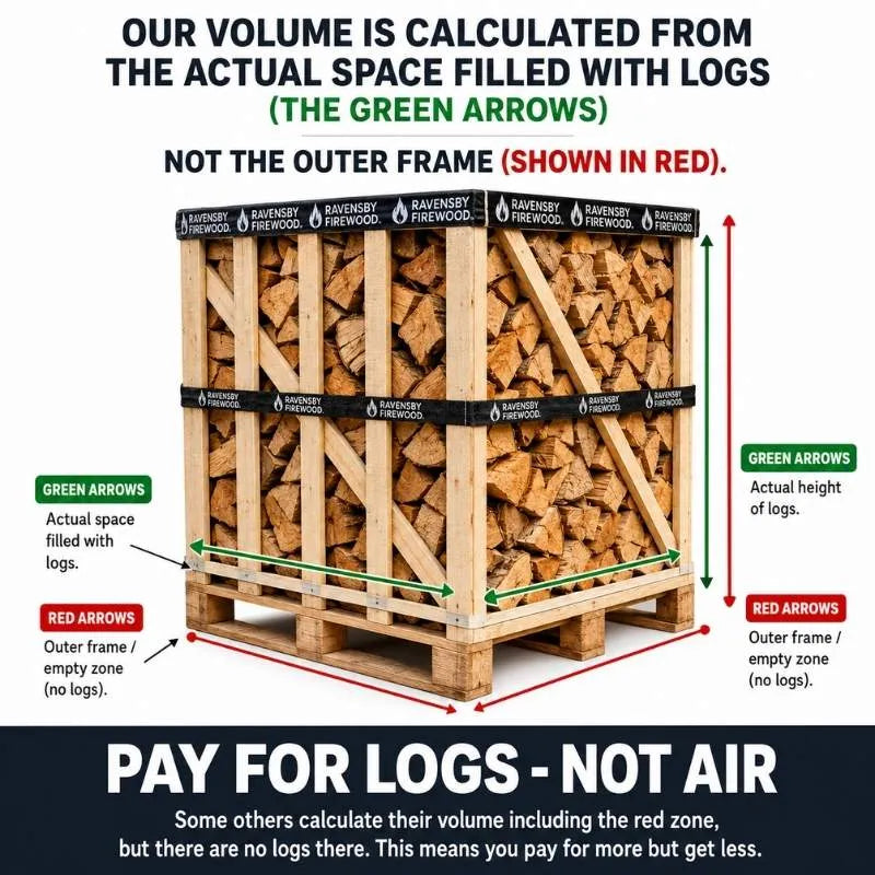 Diagram showing the volume calculation of firewood packaging with green arrows indicating filled space and red arrows indicating empty space.