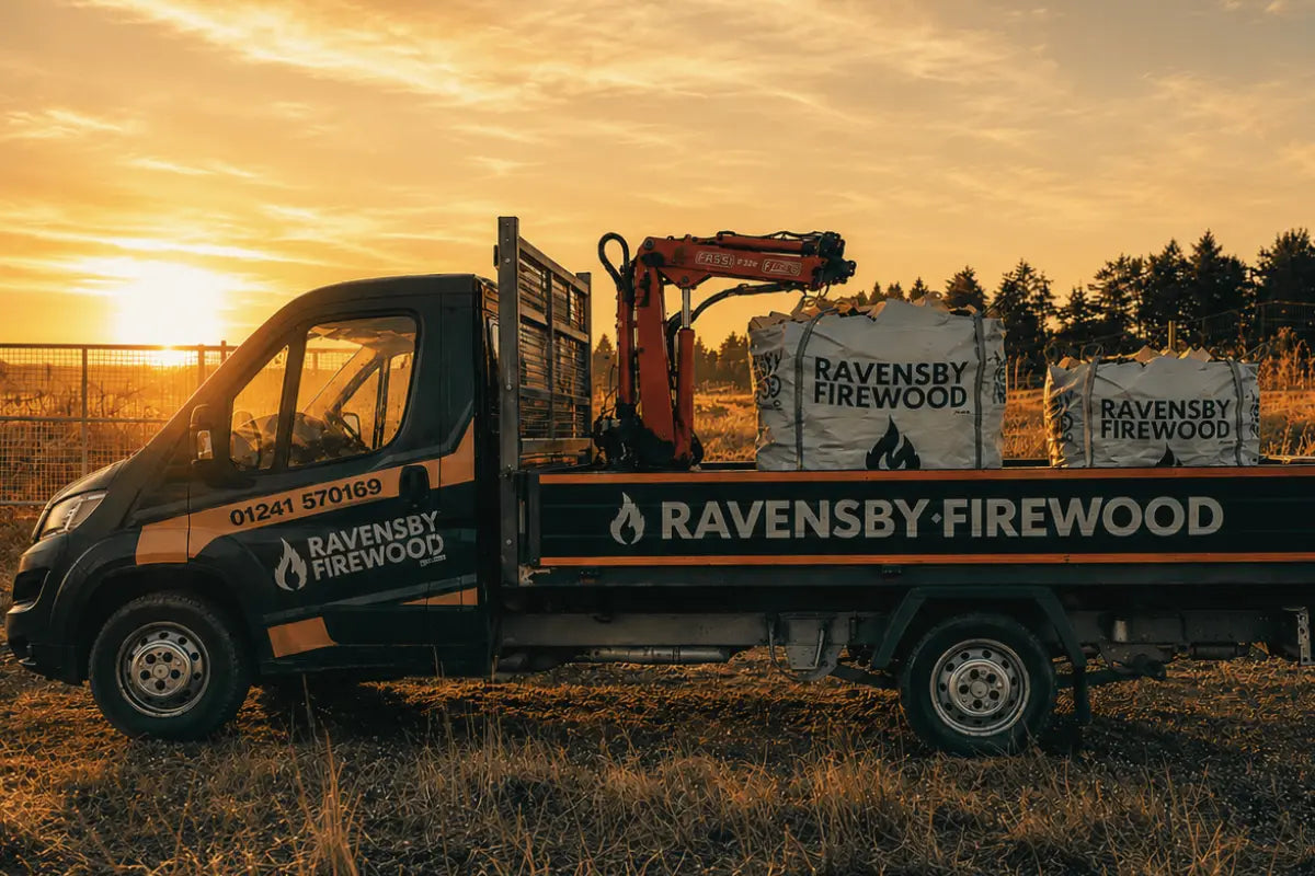 Truck carrying Ravensby Firewood  XL bulk bag and builders bulk bag of kiln dried firewood on a delivery in Arbroath with sunset in the background