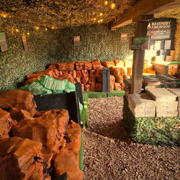 Firewood nets stacked in a local firewood shop