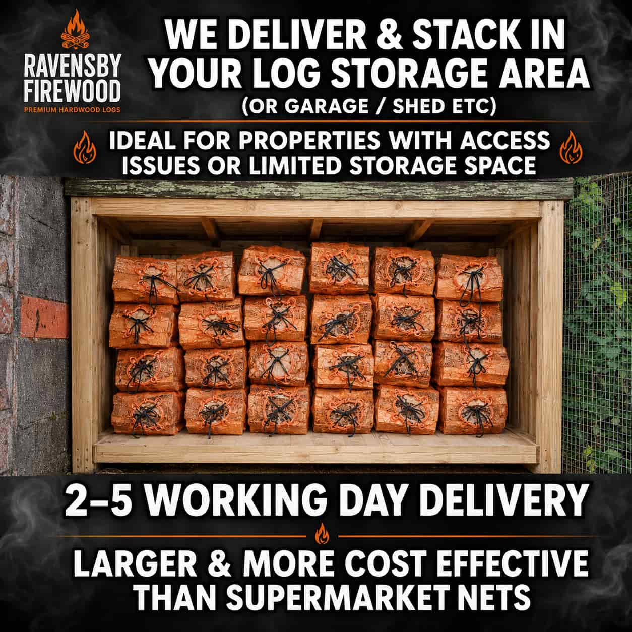 Promotional graphic for Ravensby Firewood showing stacked firewood logs in a wooden crate or storage box, with large text advertising delivery and stacking in log storage areas or garages.