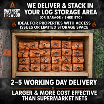 Promotional graphic for Ravensby Firewood showing stacked firewood logs in a wooden crate or storage box, with large text advertising delivery and stacking in log storage areas or garages.