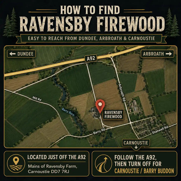 Firewood delivery map showing Ravensby Firewood Dundee & Angus Delivery area