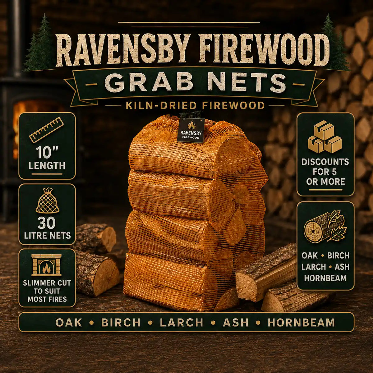 Ravensby Firewood Grab Nets shown over a stack of kiln-dried firewood logs, with product details including 10 inch length, 30 litre nets, and suitability for oak, birch, larch, and ash wood types.
