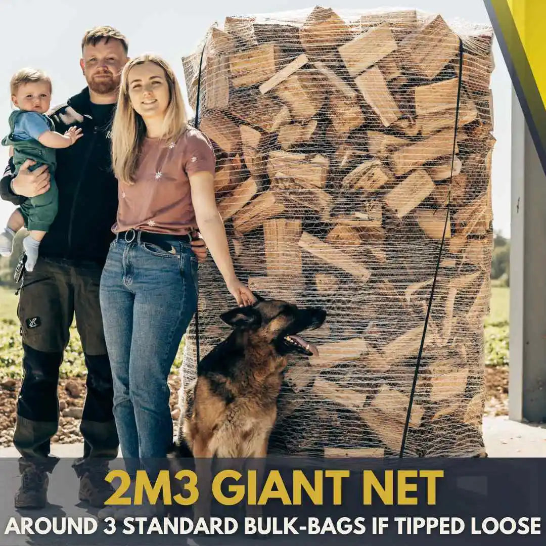 Family with a dog standing next to a large stack of firewood with text about a 2M3 giant net of dried logs
