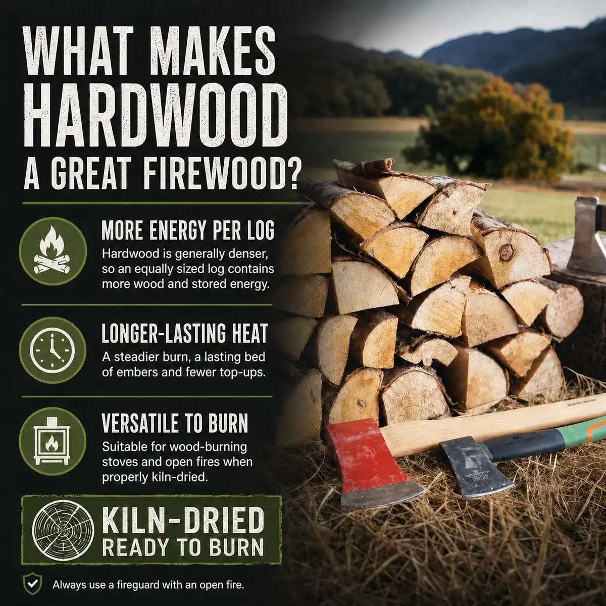 An informational graphic about hardwood firewood, featuring a stack of cut logs and two axes in a rustic outdoor setting, with text listing benefits such as more energy per log, longer-lasting heat, versatility, and kiln-dried readiness.