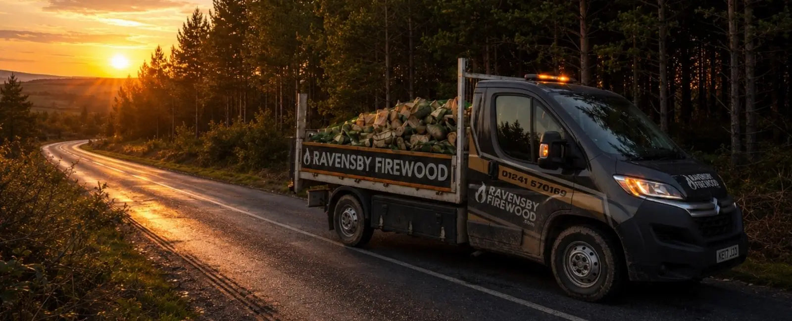 Van carrying loose tipped hardwood logs on a country road in Brechin