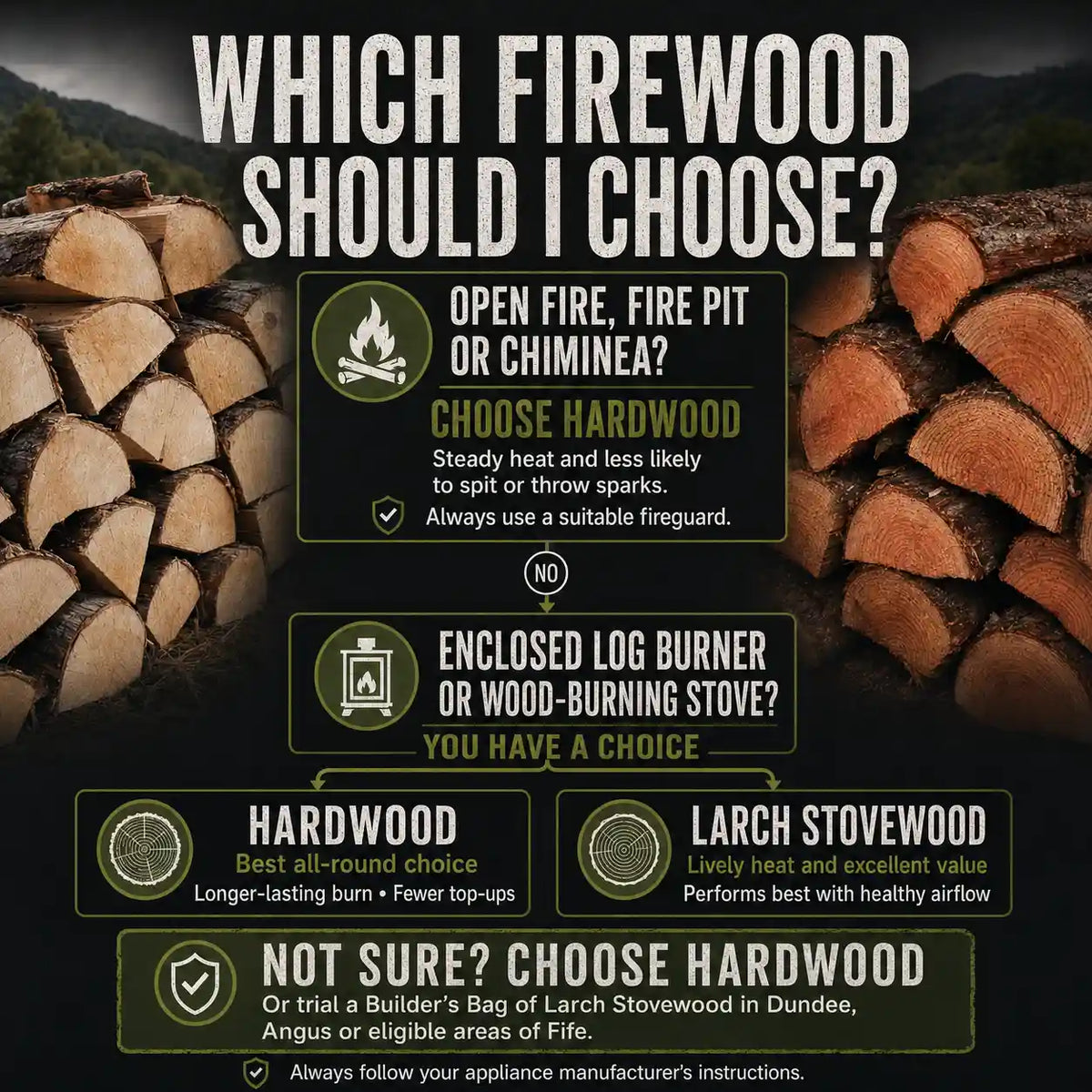 Graphic from Ravensby Firewood depicting the choice between kiln-dried hardwood and stovewood