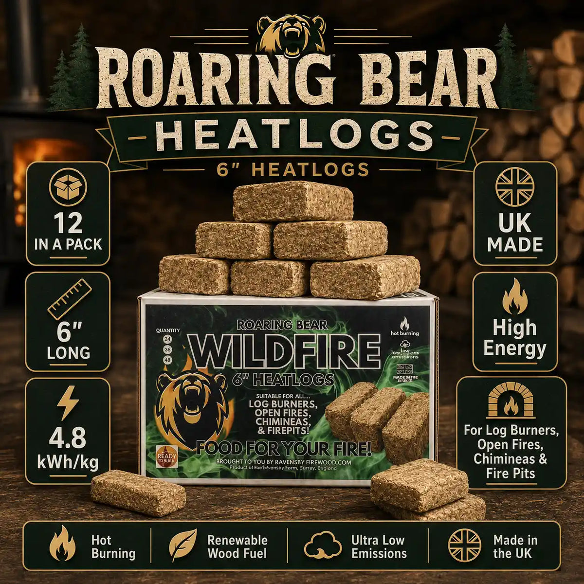 Roaring Bear Wildfire 6-inch heatlogs stacked on top of their retail box, set against a rustic wood-burning stove background with feature callouts around the product.