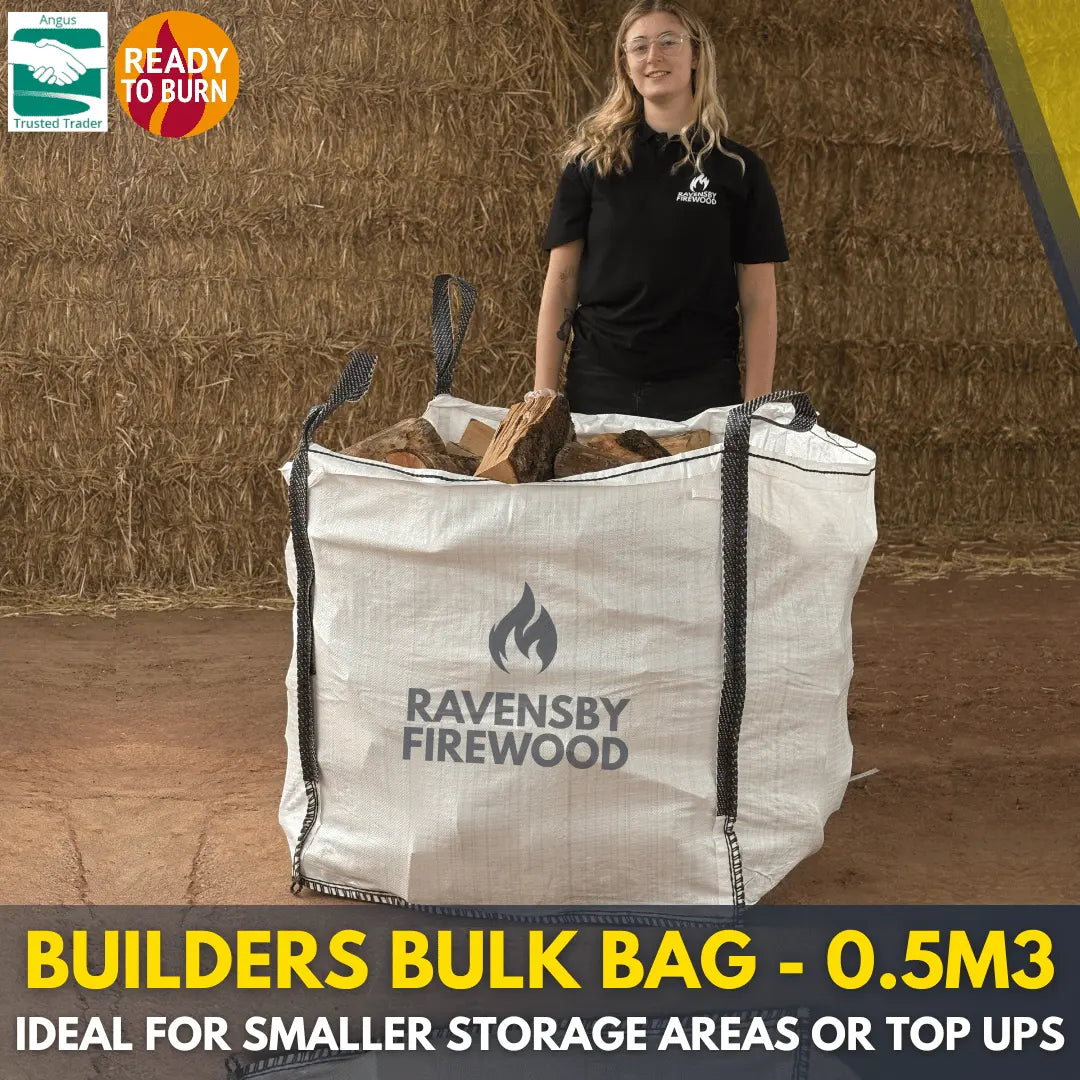 Person standing next to a large firewood bulk bag of Ravensby Firewood kiln-dried logs in Arbroath, Angus, with text about bulk bag size and use