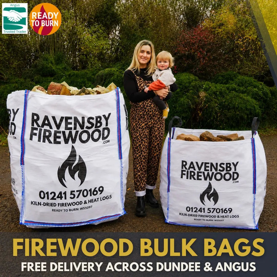 XL Firewood Bulk Bag and Builders Bag with woman and child waiting to be loaded for delivery to Dundee, Scotland